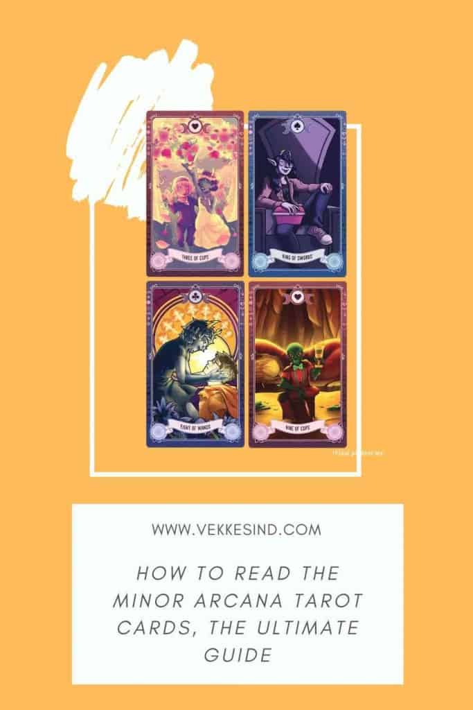 Tarot cards from the four Minor Arcana suits laid out for a reading, showing Wands, Cups, Pentacles, and Swords