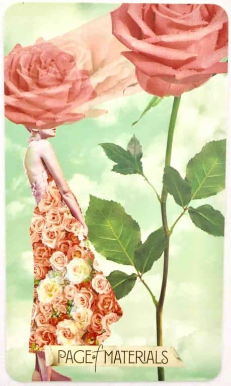 The Page of Pentacles tarot card, showing the early Virgo archetype of a young figure studying a single coin with careful attention and humility