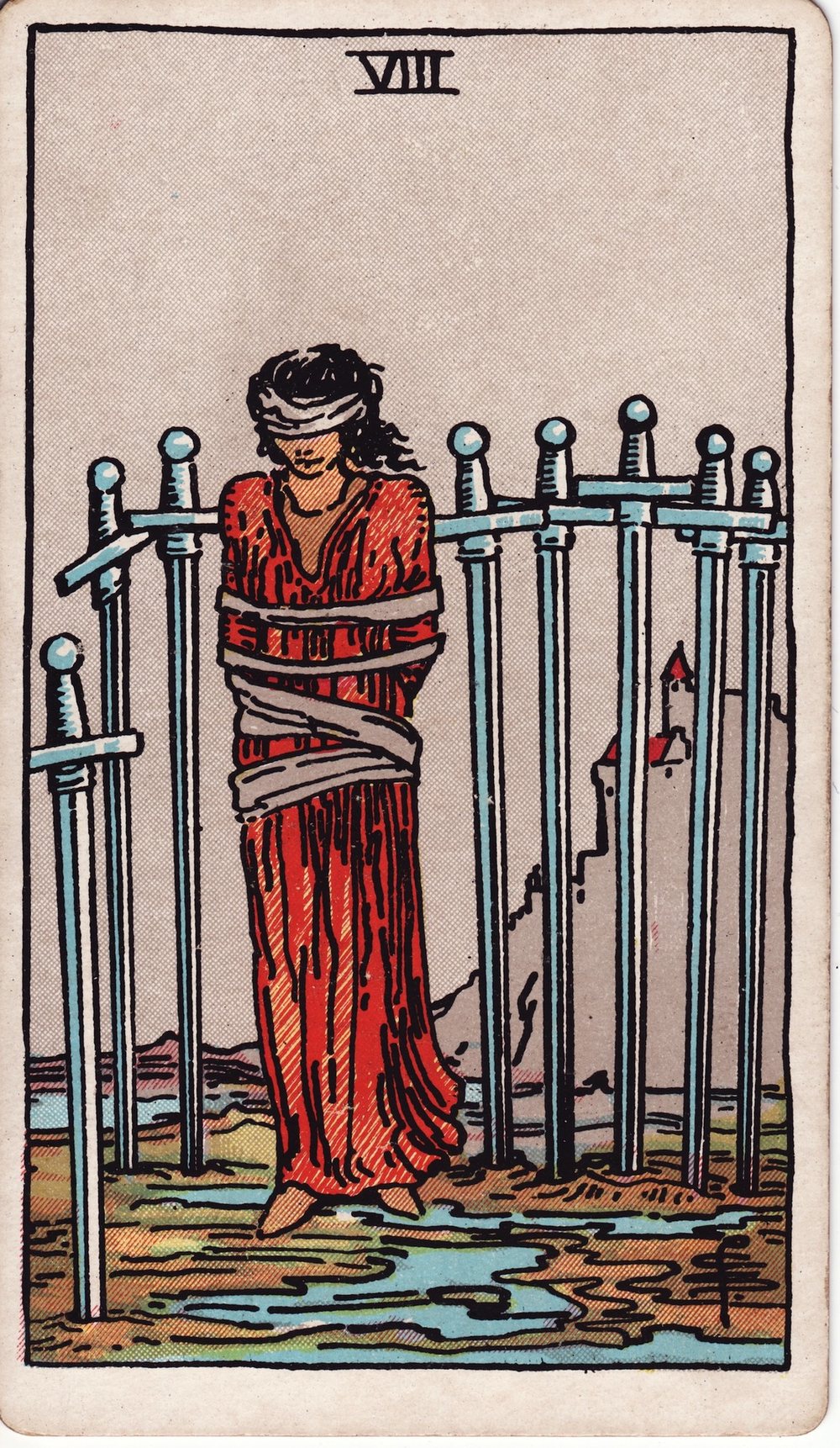 The Eight of Swords card in the Rider-Waite-Smith tarot deck