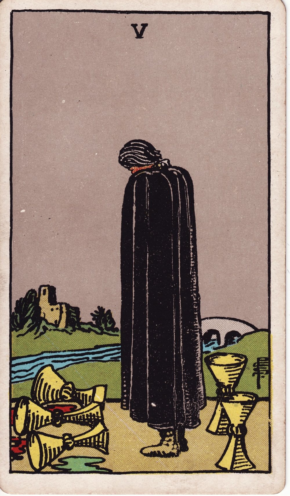 The Five of Cups card in the Rider-Waite-Smith tarot deck