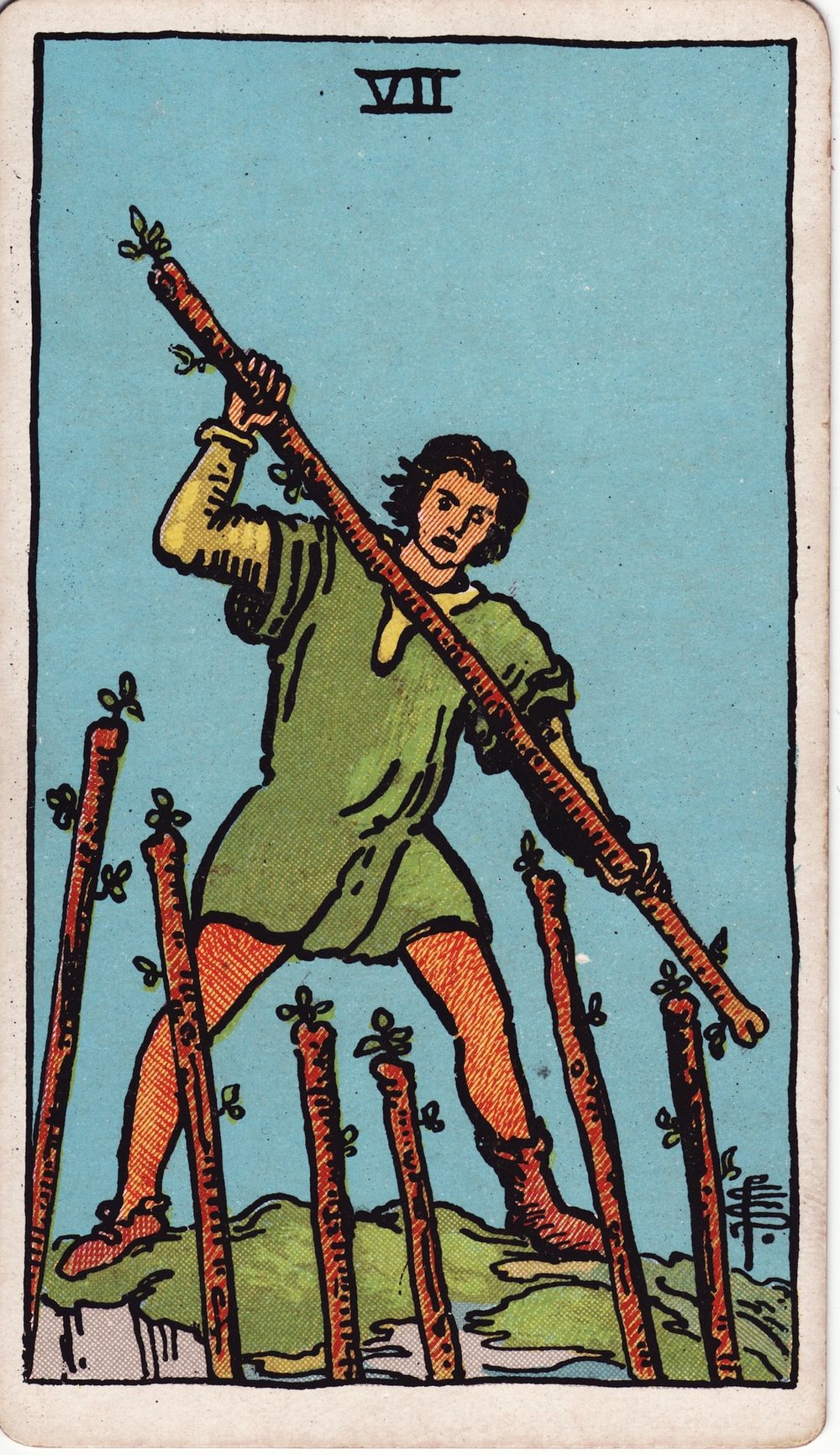 The Seven of Wands card in the Rider-Waite-Smith tarot deck