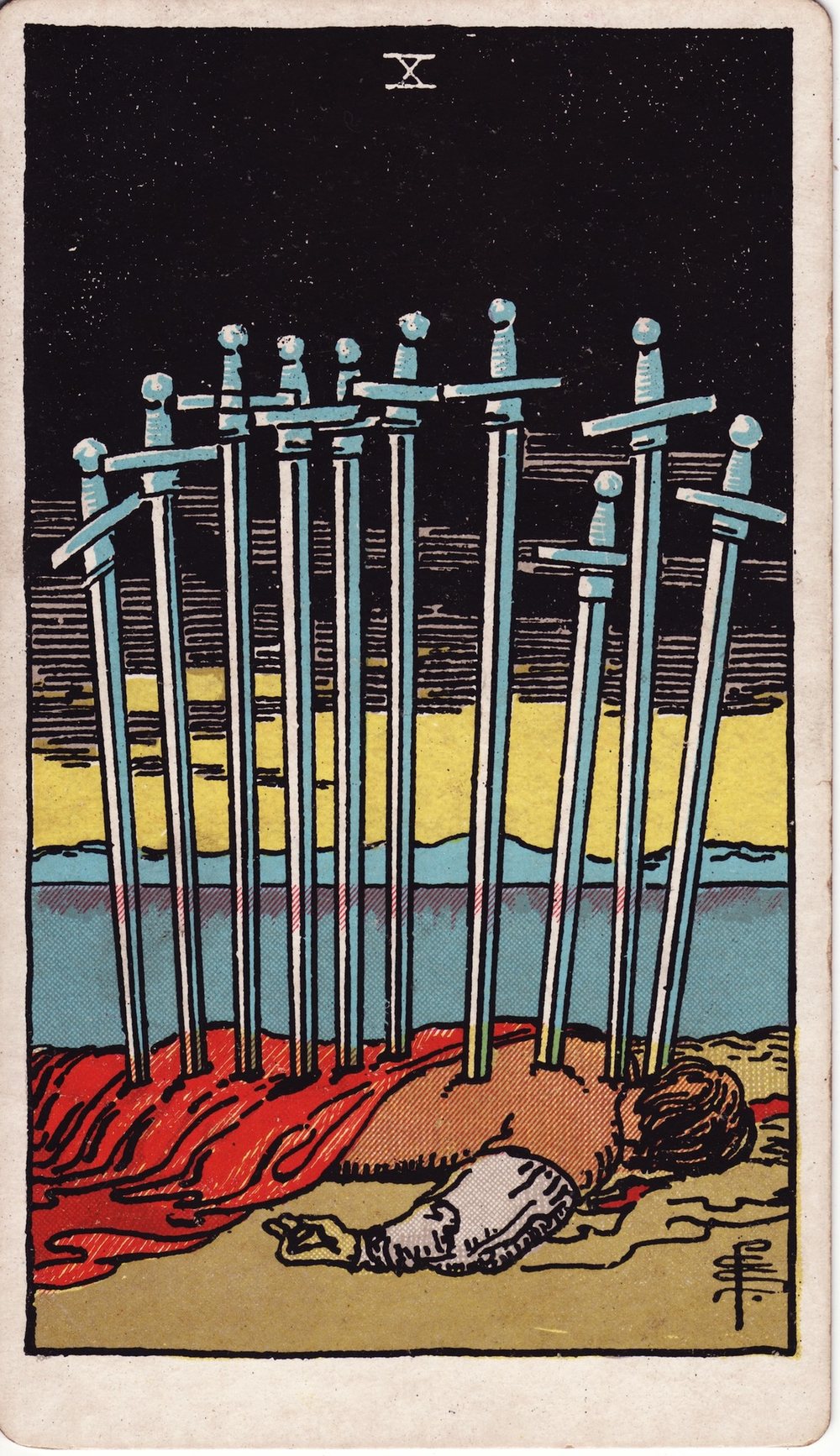 The Ten of Swords card in the Rider-Waite-Smith tarot deck